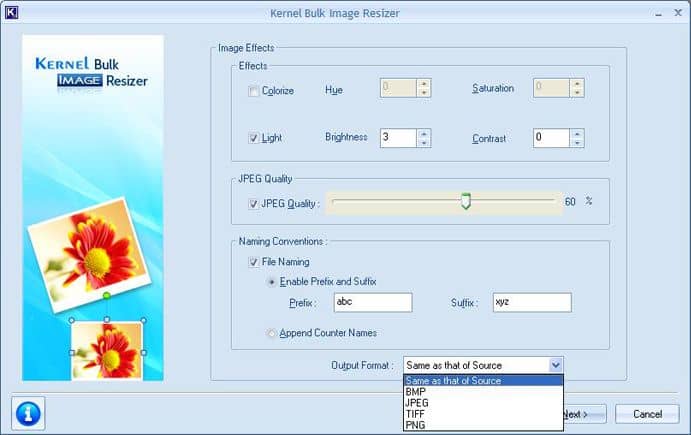 Additional settings for Image effects, JPEG quality