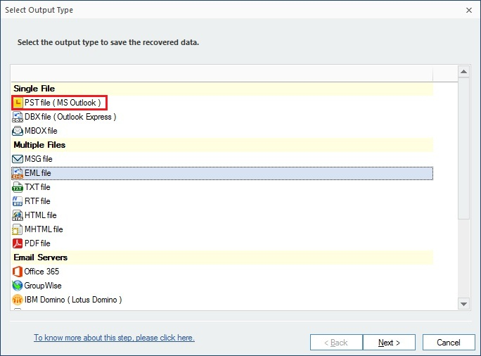 select the format want to save recovered PST