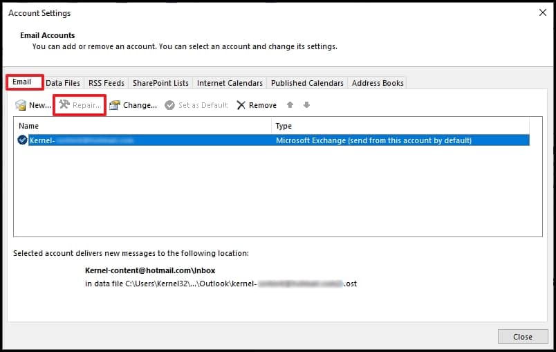 Select the Outlook profile for repair