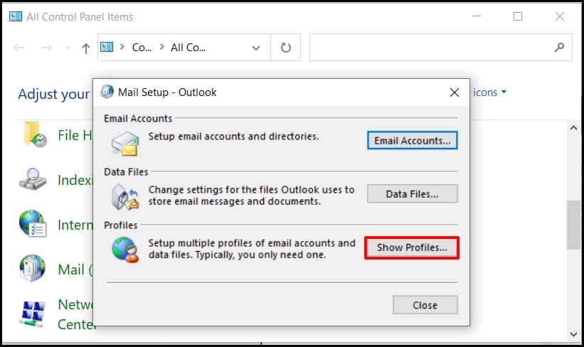 Open the Control panel choose Mail
