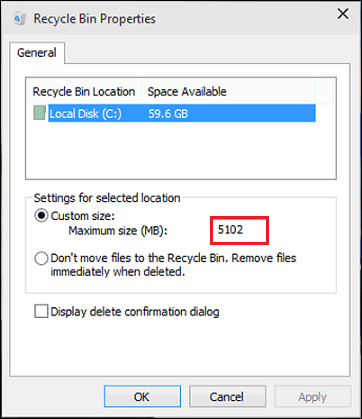 Increase size of the recycle bin in Windows 10