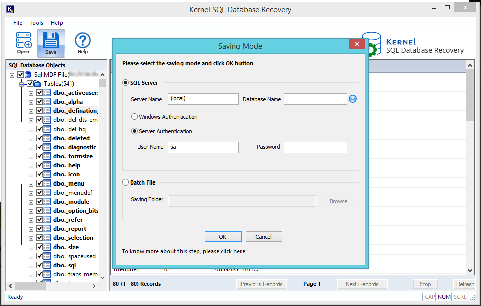 enter the details for SQL server