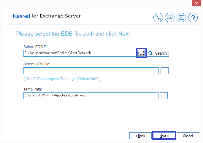 Click on … to browse and add the EDB file from the system location