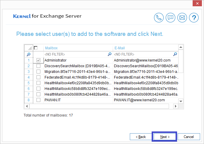 Choose the mailboxes to which you want to move the EDB file data 