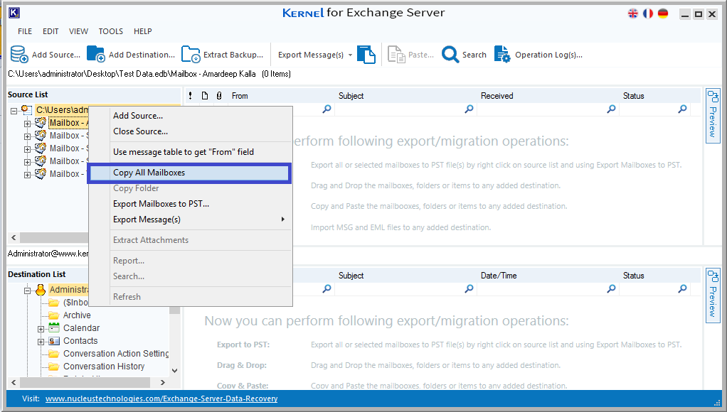 The live Exchange mailboxes will get listed as the destination