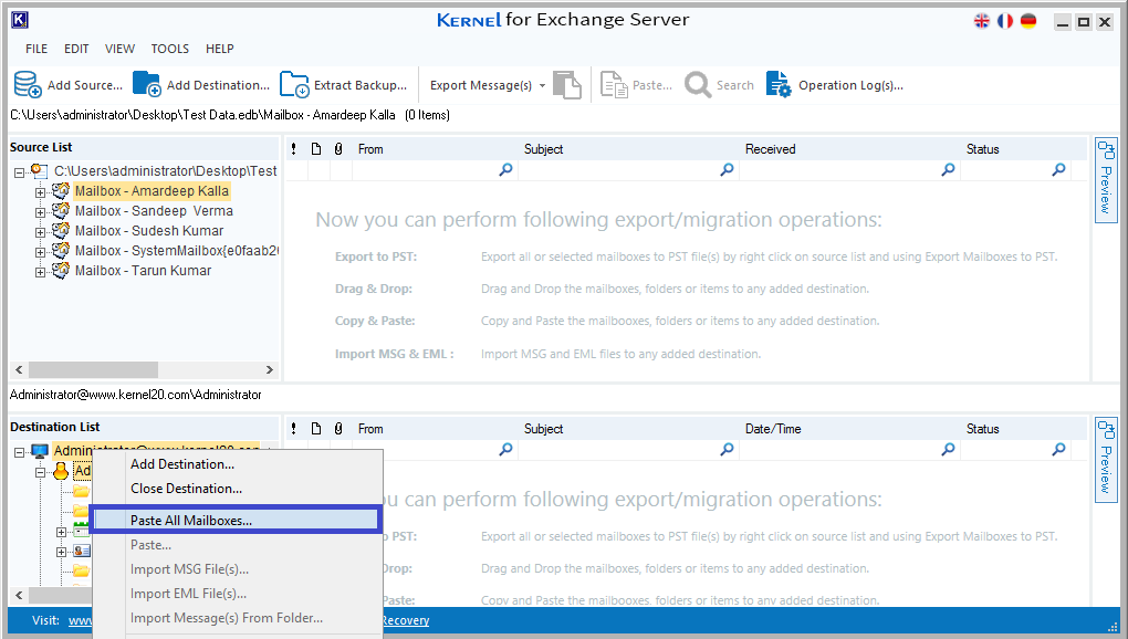right click on the root folder of the mailboxes in the Destination panel and select the Paste All Mailboxes