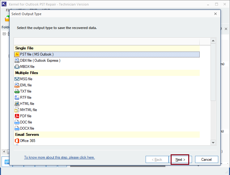 Select destination to export PST file