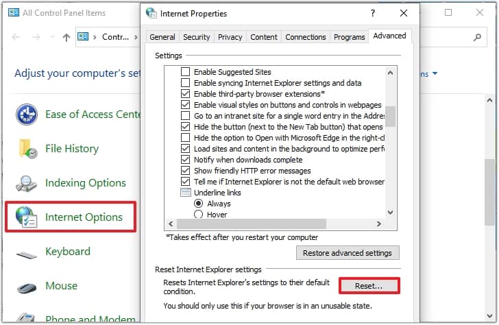 Choose Advanced tab and click on Reset