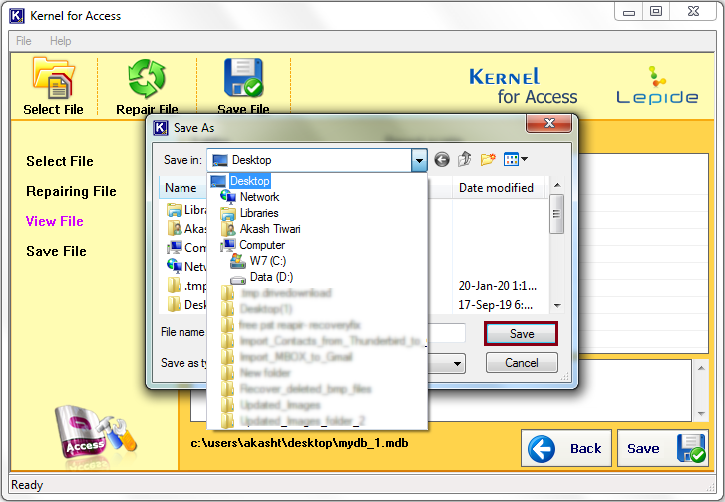 Provide a destination path to save the recovered file and click Save