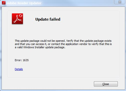 Adobe reader update failed error 1635