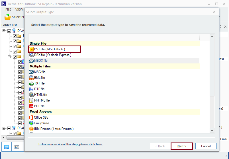 select PST as output type