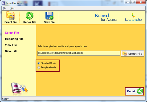 Select the Mode to repair the corrupt Access file