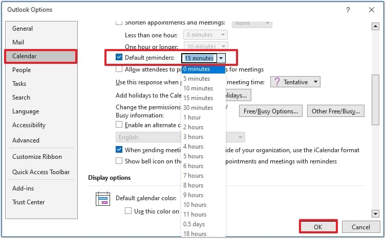 Choose a new time from the drop-down and click OK