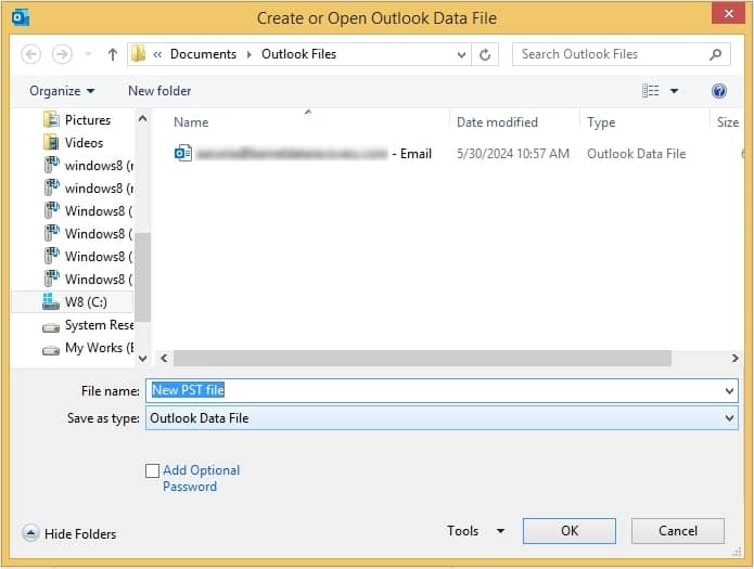 destination for PST file