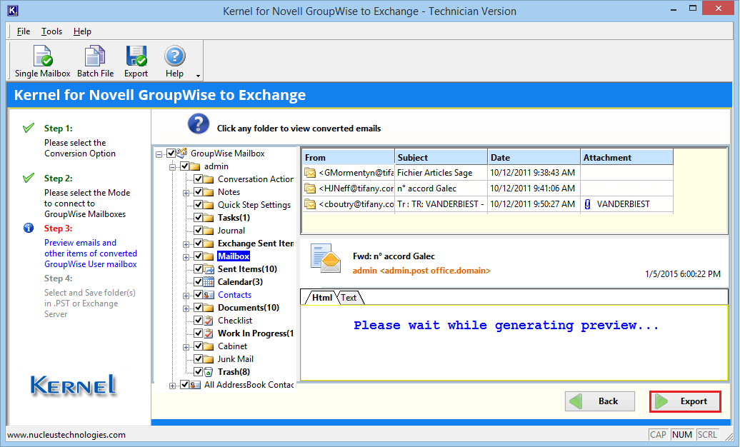 selecting the mailboxes, click Export