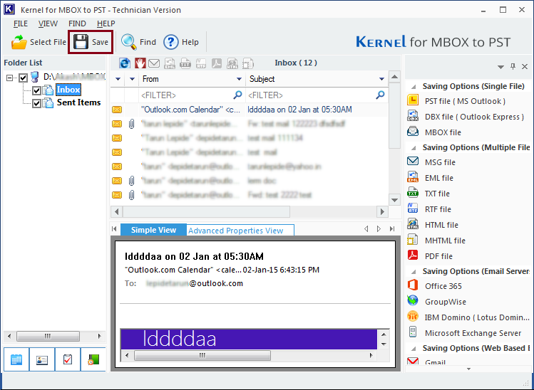 Preview of MBOX file data