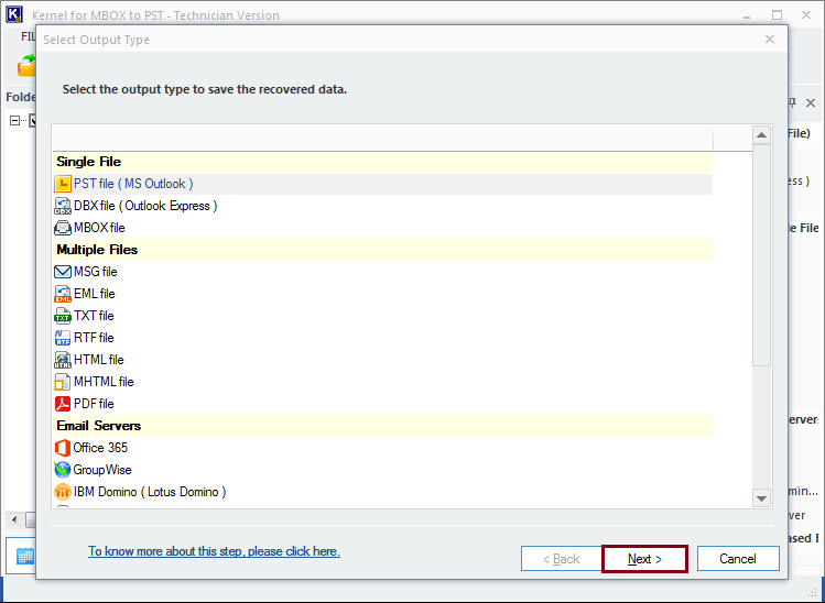 Select PST file (MS Outlook) and an output type