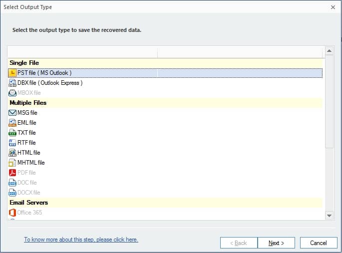 Choose the PST file format for the output