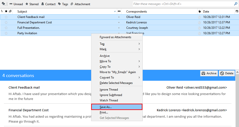 Save the emails in EML format