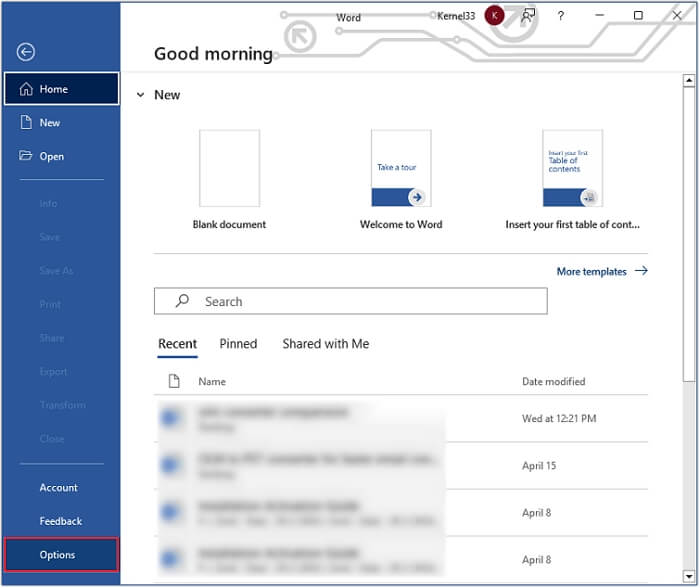 click on word option in outlook