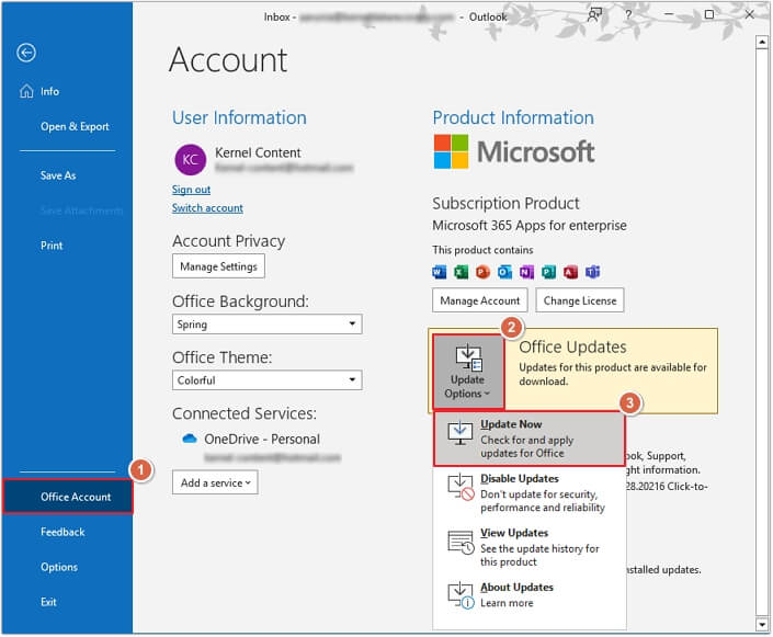 In Outlook Office Account then Update Options then click to Update Now