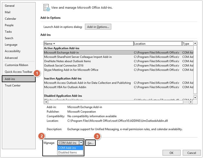 Now, go to Add-ins then select Com Add ins
