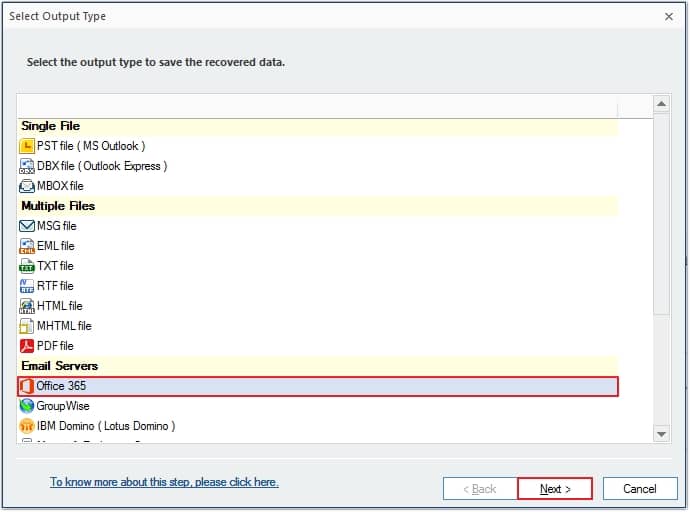 Select Office 365 from the given options and click Next
