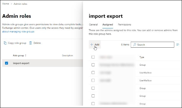 Select the user to assign roles to import your PST files