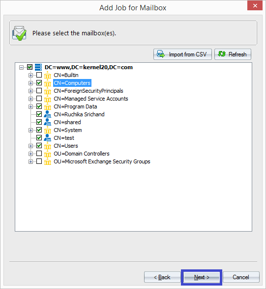 Select mailboxes for migration