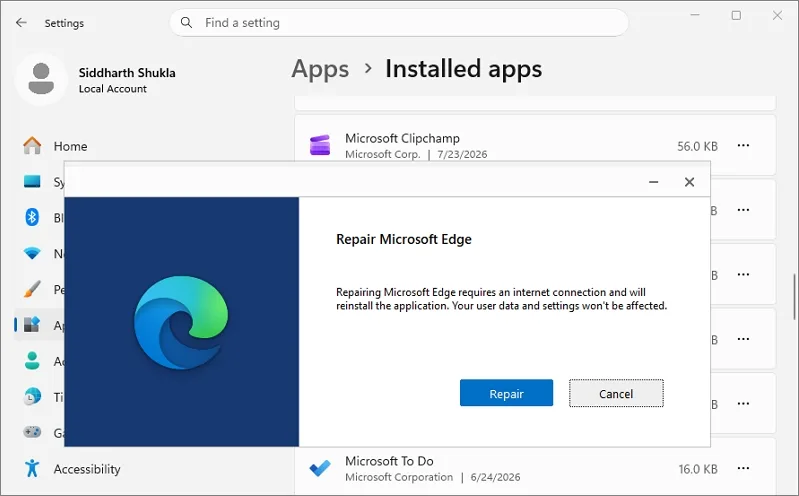 Repair Microsoft Edge window will appear then click Repair