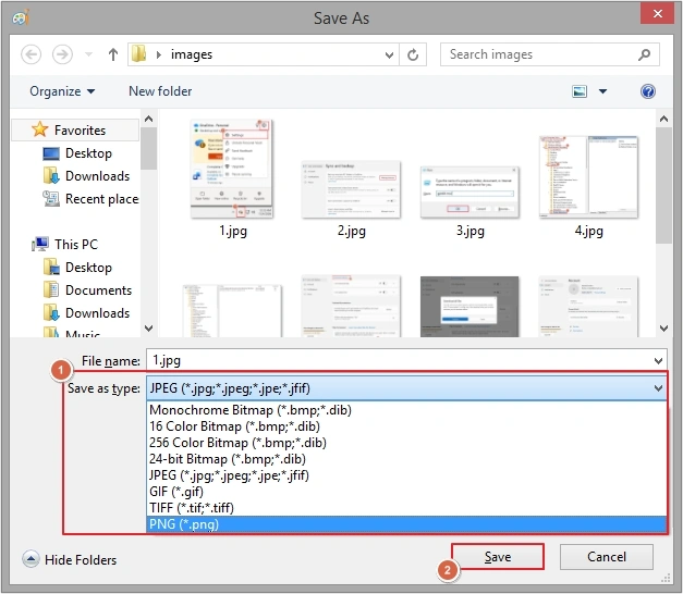 select desired format in save as type and click save