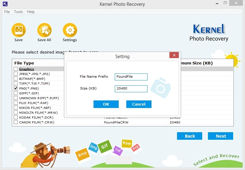 set prefix and file size