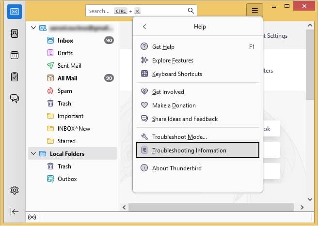 Open Thunderbird email client application click on three bars