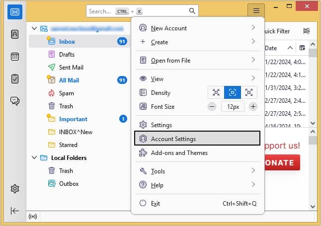 In Thunderbird, click on three bars at top right