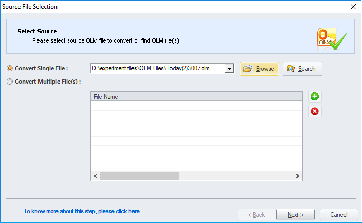 Select OLM file to convert