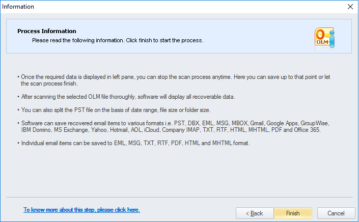 After reading the Process Information, click the Finish button