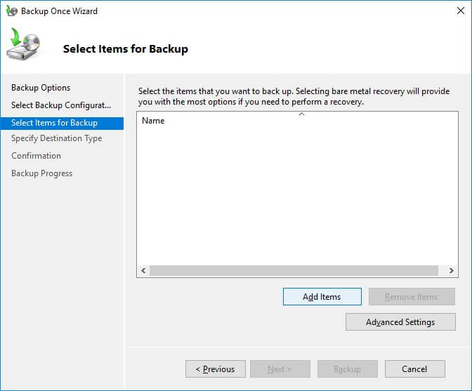 Select Exchange items for backup