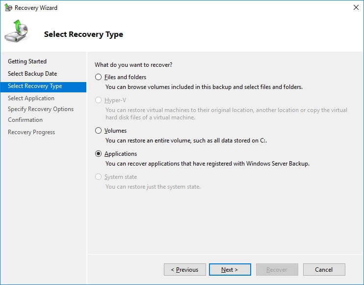 Recover Exchange application from backups