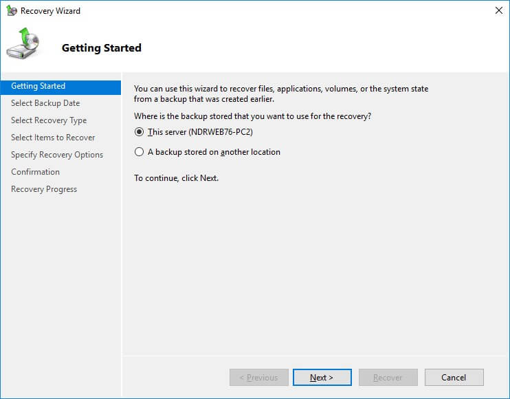 Recover Exchange backup using Windows Server backup application