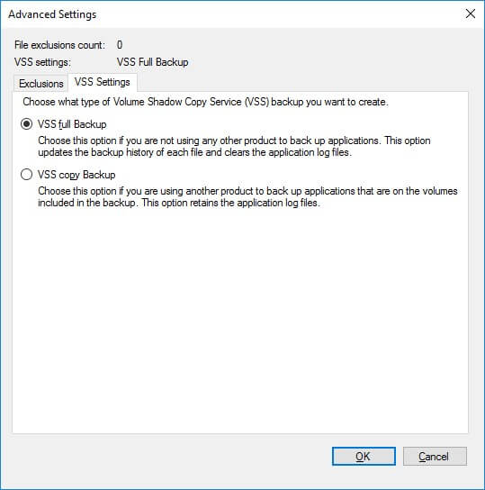 VSS Settings for Exchange backup