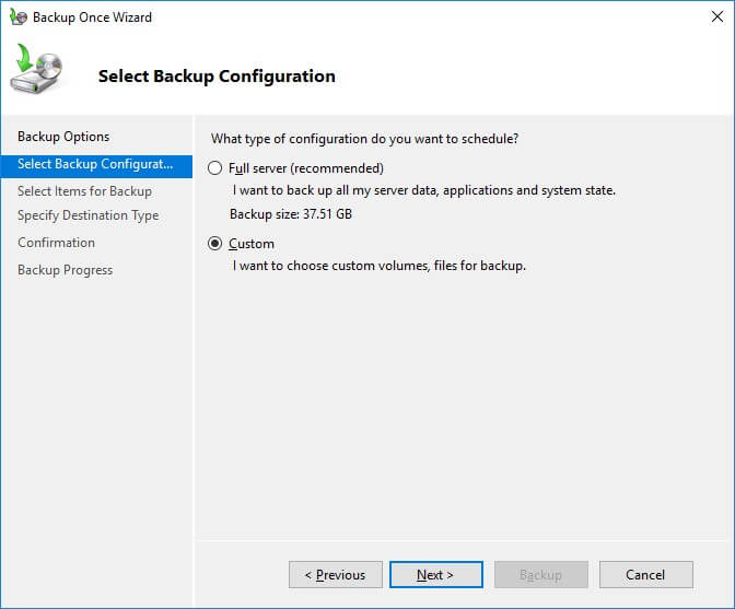 Select Exchange backup configuration
