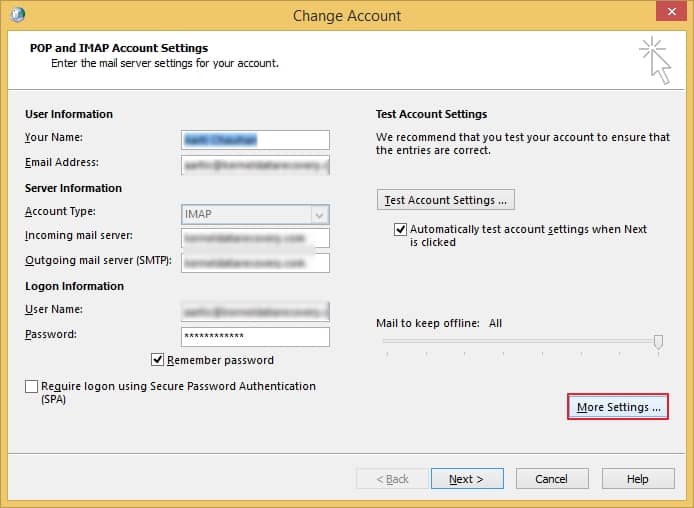 in the Change Account window click More Settings