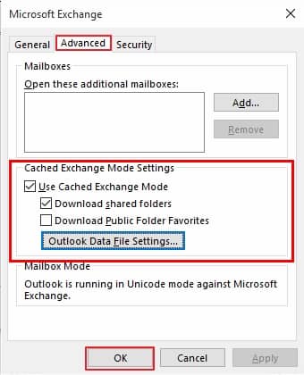 Cached Exchange Mode Settings