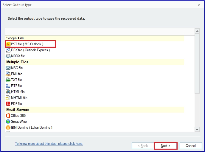 select the output file type as PST and click Next