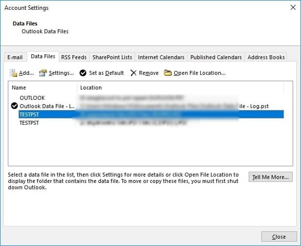 Outlook Data File dialogue box