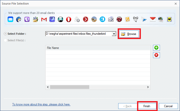Select the folder containing MBOX file