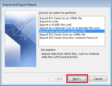 Import and Export Wizard dialogue box