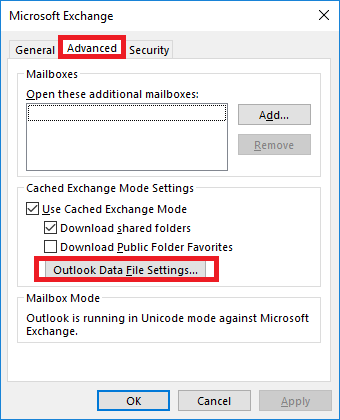 Outlook Data File Settings