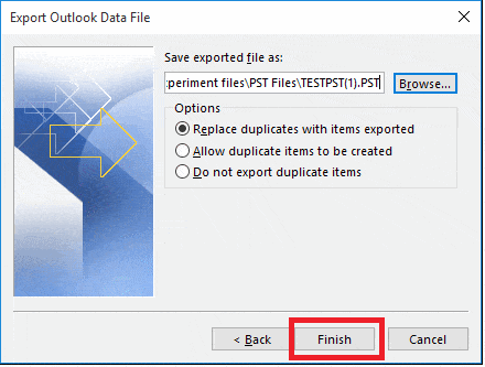 Export Outlook Data File wizard