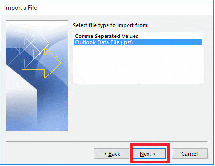 Select file type as Outlook data file